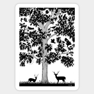 Tree with birds and deer Sticker